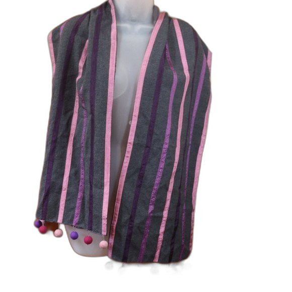 Unbranded Gray & Pink Striped Bauble Scarf Wrap 64" Long Felted Wool - Picture 4 of 5